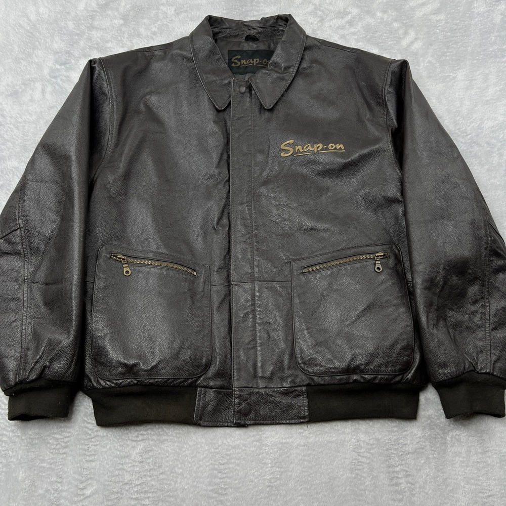 Snap-On Retro Genuine Leather Bomber‎ Jacket Size XL Brown Mens Workwear Biker